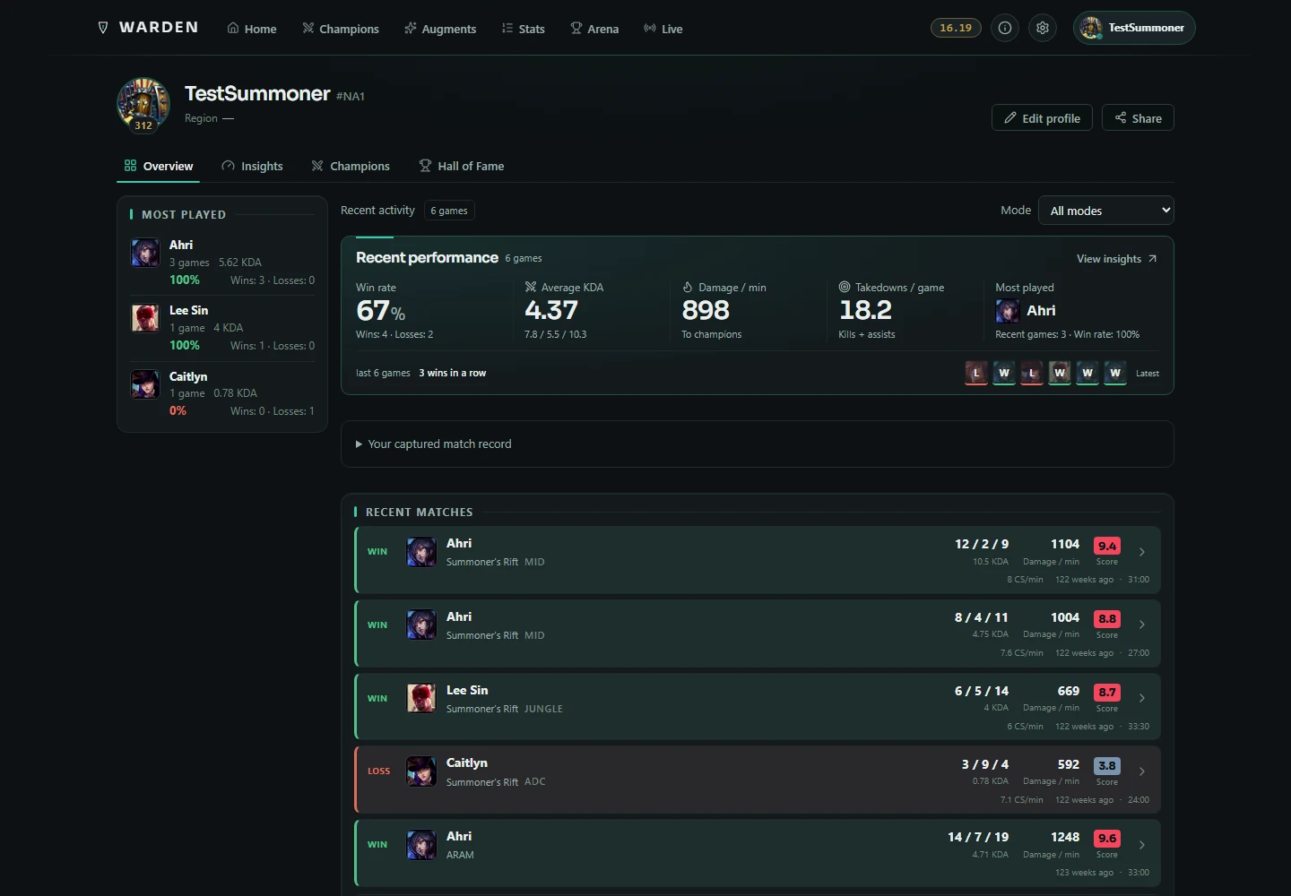 Warden player profile showing recent performance and match history