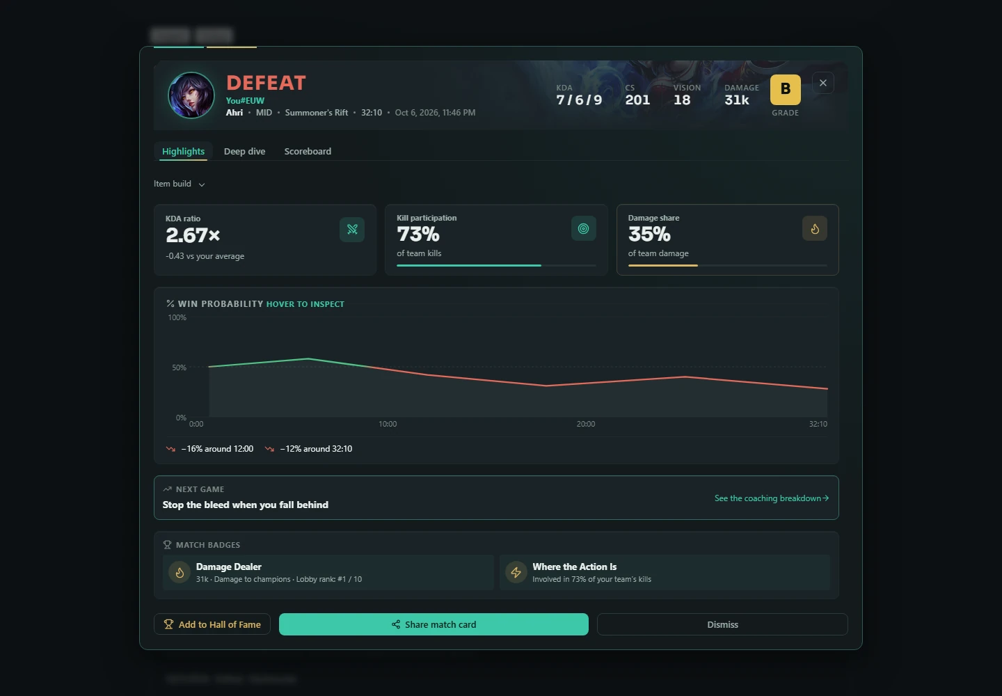 Warden post-game review showing performance highlights and coaching with sample match data