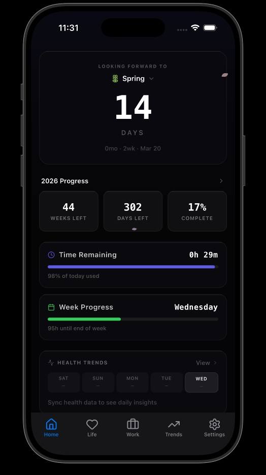 Finite app screenshot showing life progress and time remaining